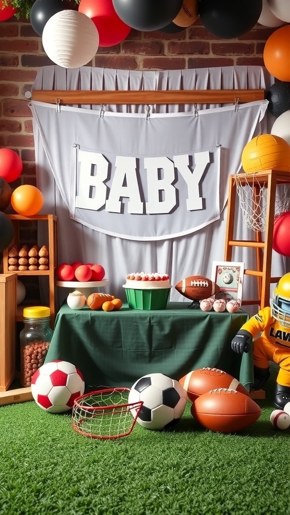 A vibrant sports-themed baby shower setup with a 'BABY' banner, colorful balloons, sports balls, and a cake.
