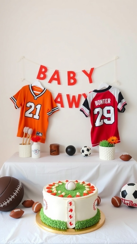 A baby shower setup with sports jerseys, a decorated cake, and various sports equipment.