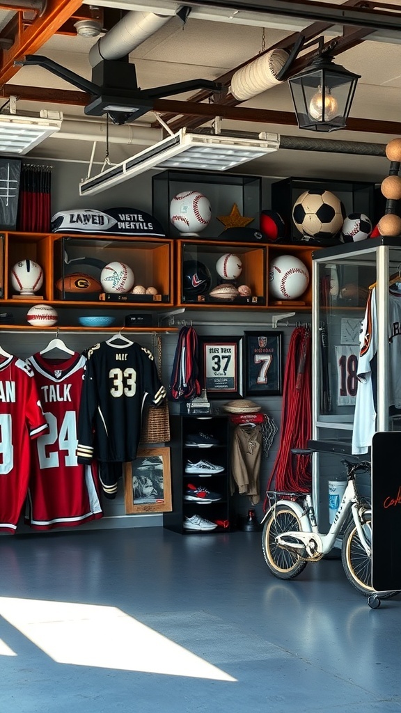 A garage showcasing sports memorabilia, including jerseys, baseballs, and framed photos.