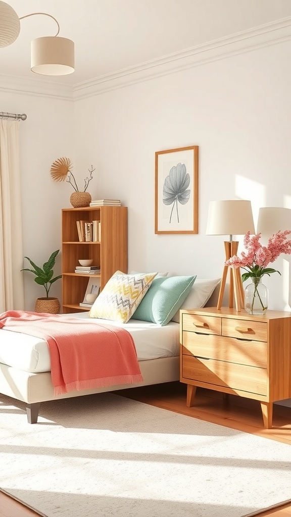 A bright and cozy spring bedroom with light wood furniture, colorful pillows, and a soft throw.
