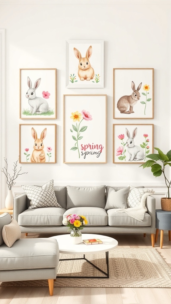 Spring-inspired wall art featuring bunnies and flowers in a cozy living room setting.