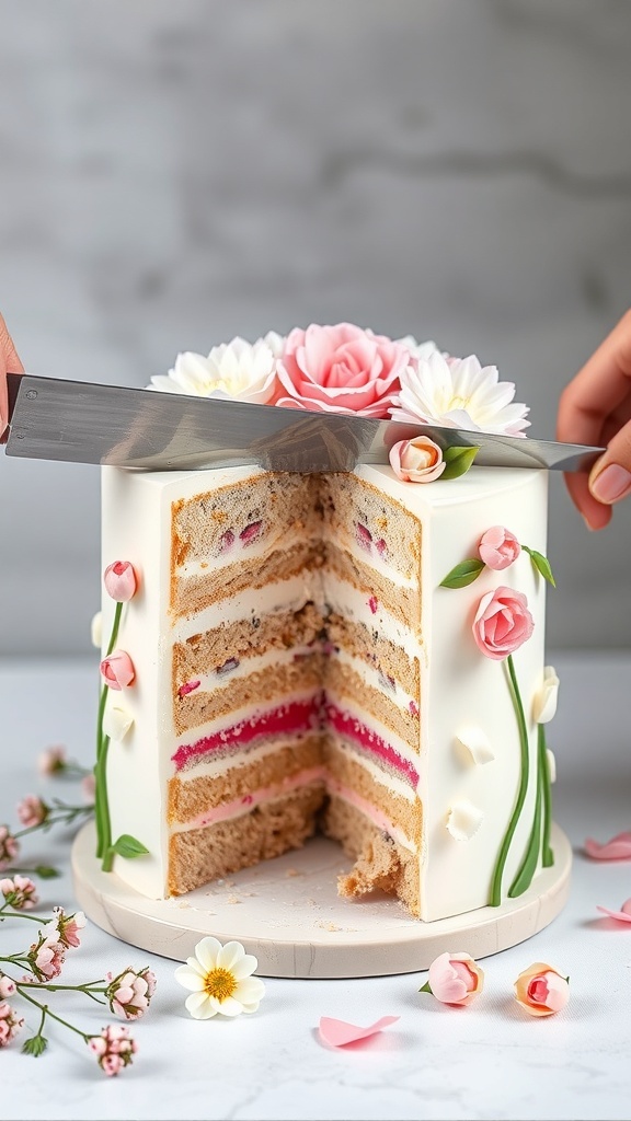 A beautifully decorated cake with pink and blue layers inside, surrounded by spring flowers.