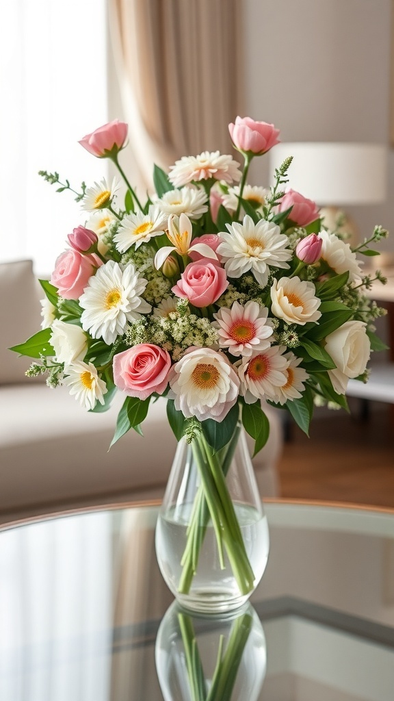 A vibrant floral arrangement featuring pink tulips, white daisies, and soft pink roses in a clear vase.