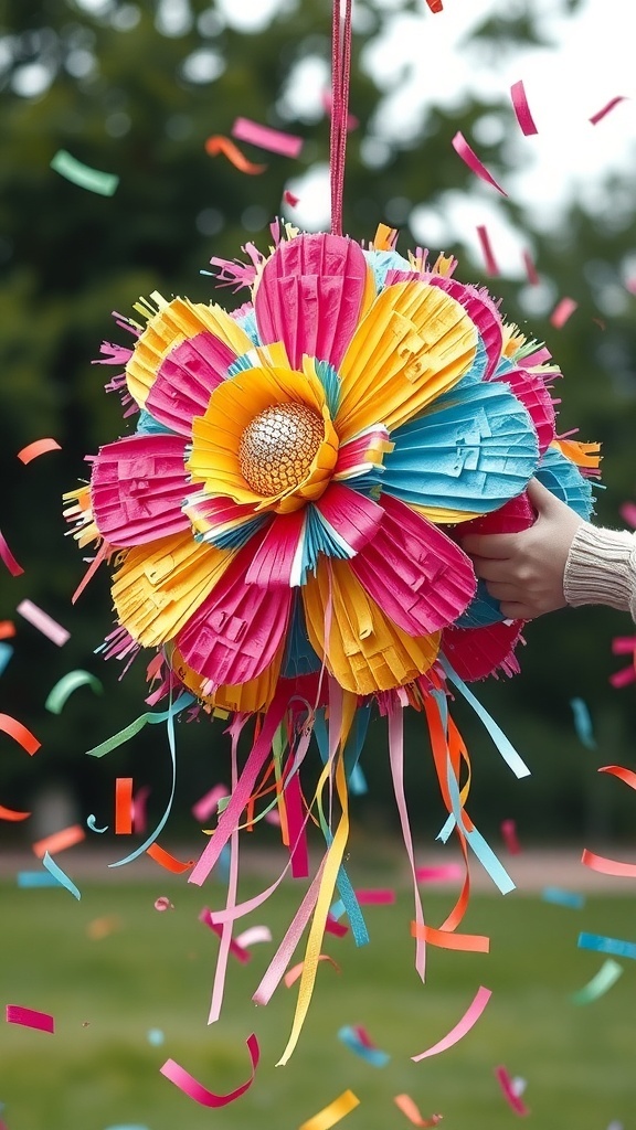 A vibrant flower-shaped piñata filled with colorful confetti, ready for a gender reveal.