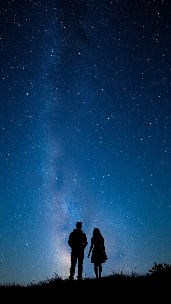 Silhouette of a couple standing under a starry night sky.