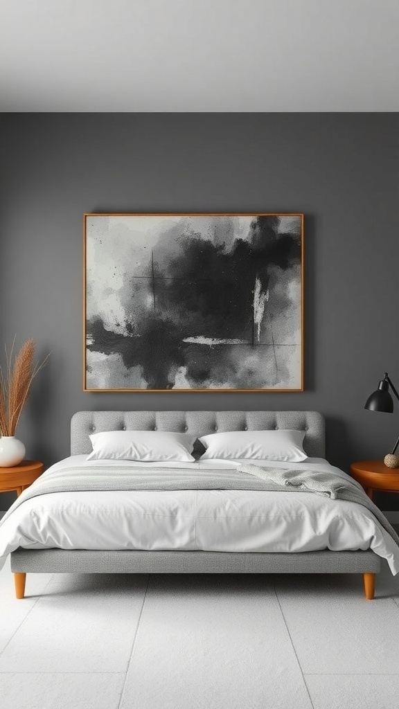 A cozy grey bedroom featuring a large abstract art piece above the bed.