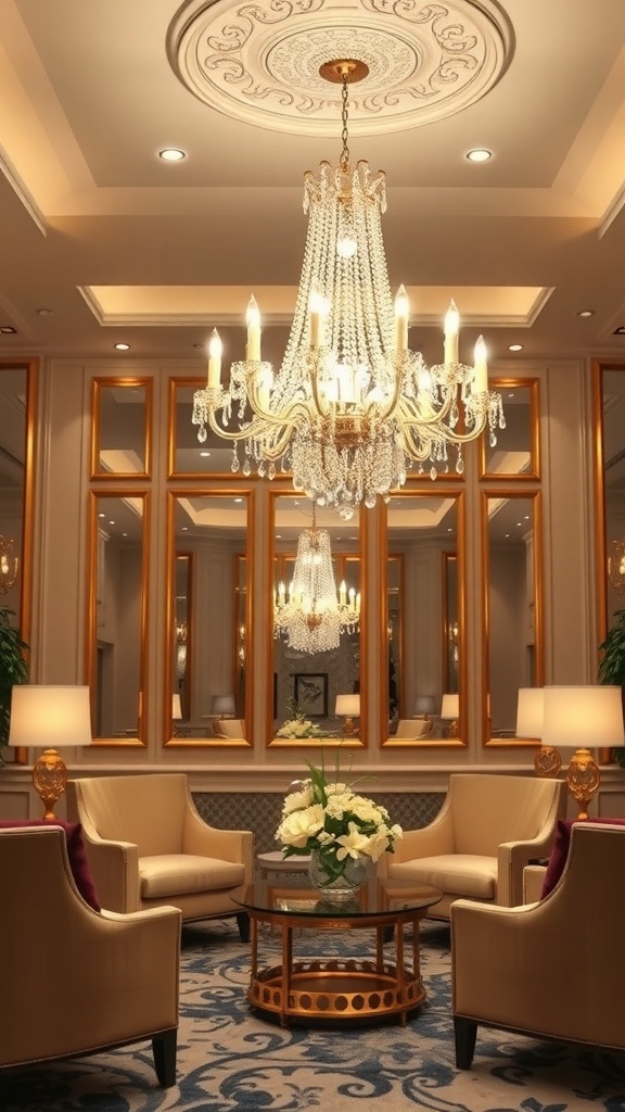 A luxurious room featuring a crystal chandelier, elegant seating, and decorative mirrors.