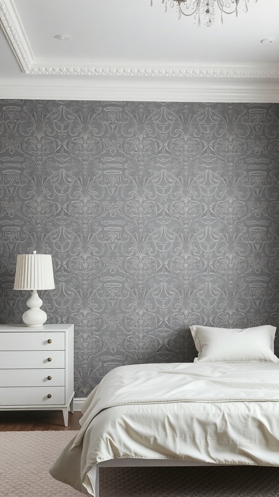A stylish bedroom featuring a grey wallpaper statement wall, white bedding, and a white nightstand.
