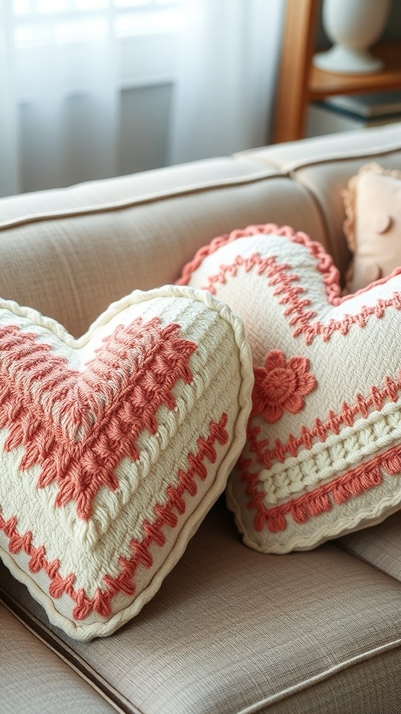 Two stitched heart pillows in soft colors on a couch