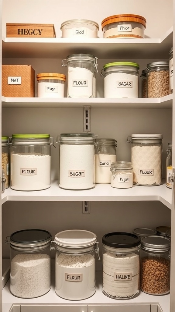 A well-organized pantry with labeled jars containing baking ingredients like flour and sugar.