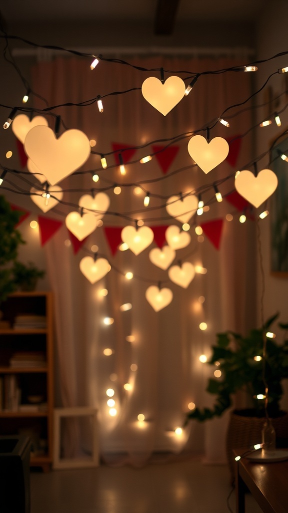 Decorative string lights shaped like hearts with red cutouts in a cozy setting