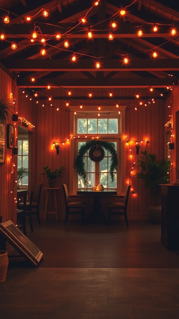 A cozy room decorated with string lights for Valentine's Day.