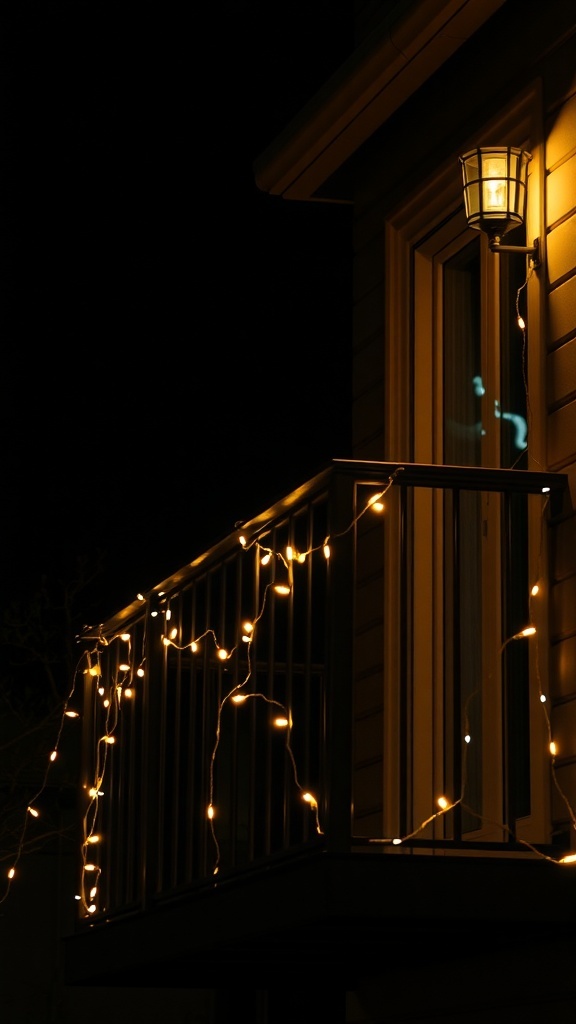 A small balcony decorated with warm string lights at night.