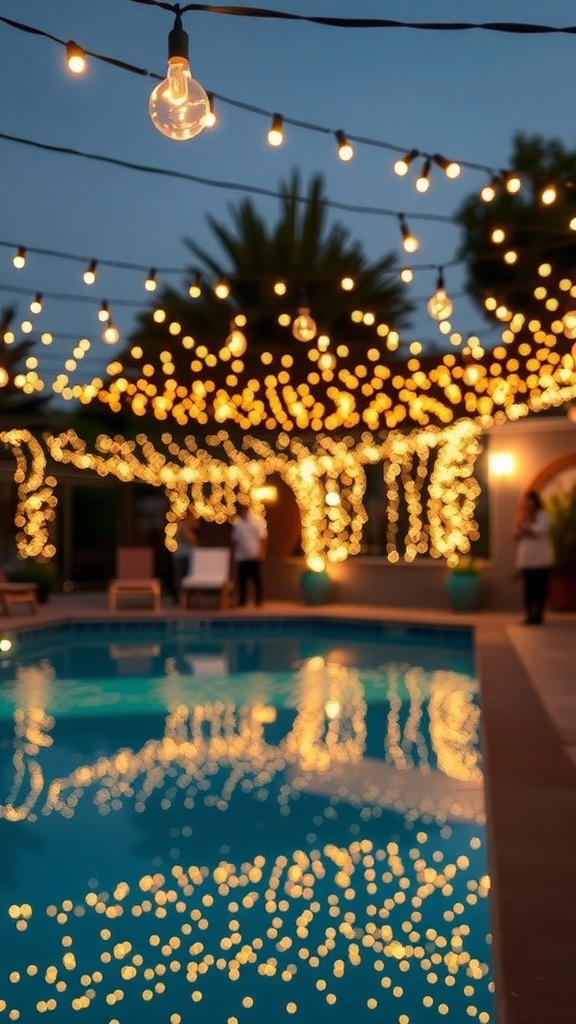 A beautifully lit pool area with string lights creating a cozy atmosphere.