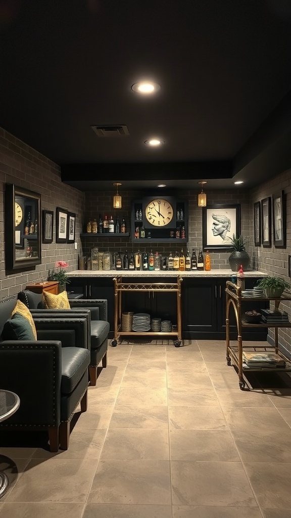 Stylish basement bar with low ceilings, featuring dark walls, a well-stocked bar, and comfortable seating.