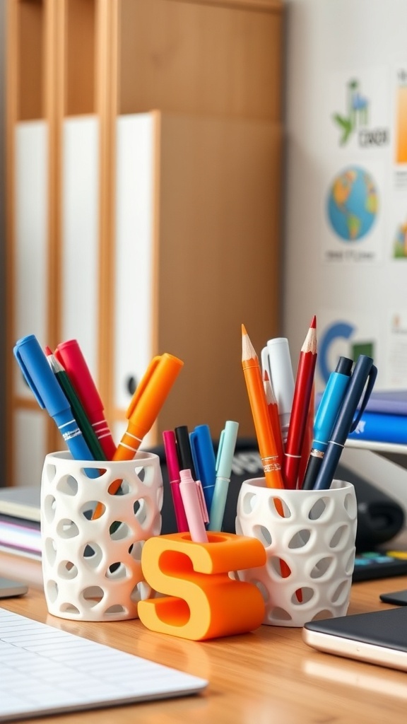 Colorful desk organizers with pens and a letter-shaped accessory on a wooden desk.