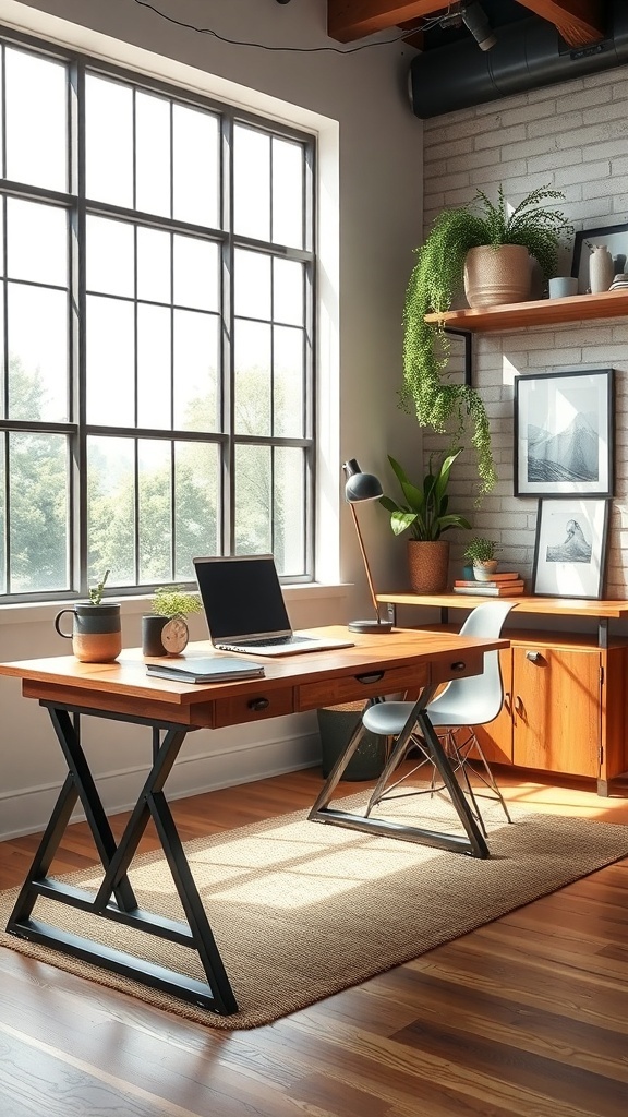 Stylish home office featuring a wooden desk, metal accents, and large windows.