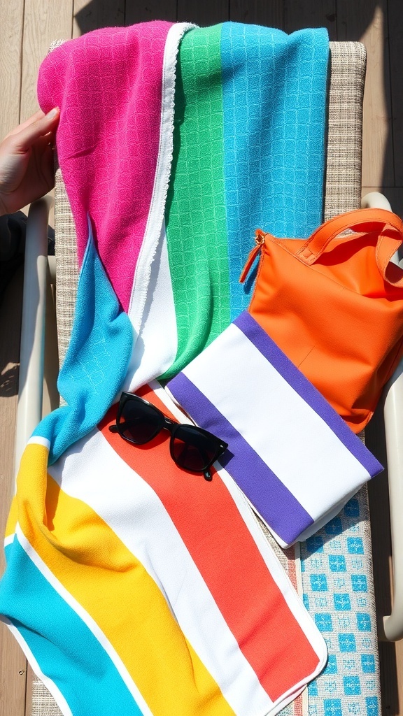 Colorful pool towels and accessories on a lounge chair