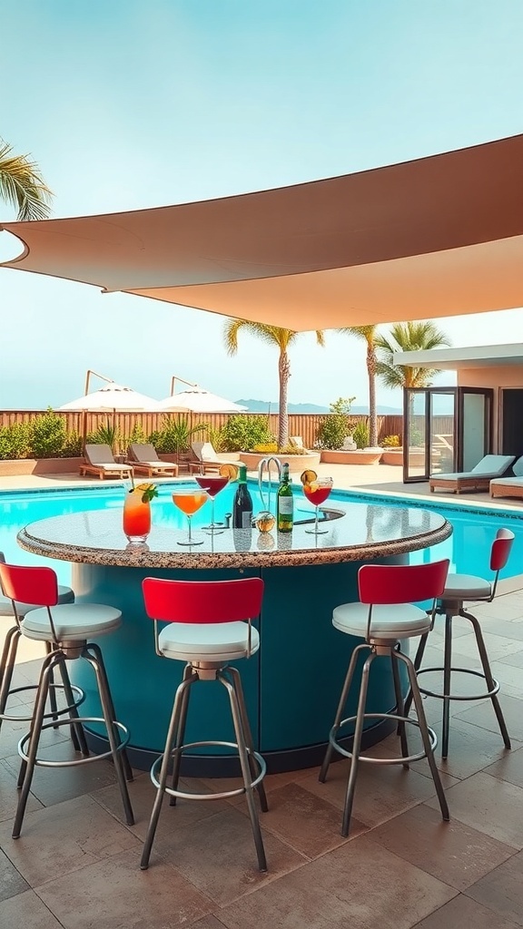 Stylish poolside bar with colorful cocktails and stools, surrounded by palm trees and a swimming pool.