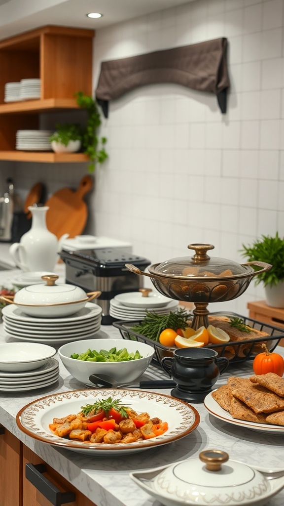 A beautifully arranged kitchen table with stylish serving dishes, including a glass serving dish, plates, bowls, and fresh ingredients, perfect for Ramadan.