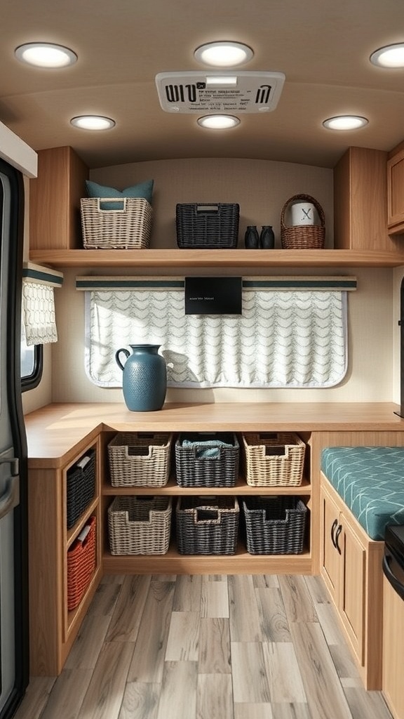 Stylish RV interior with organized storage baskets and shelves.