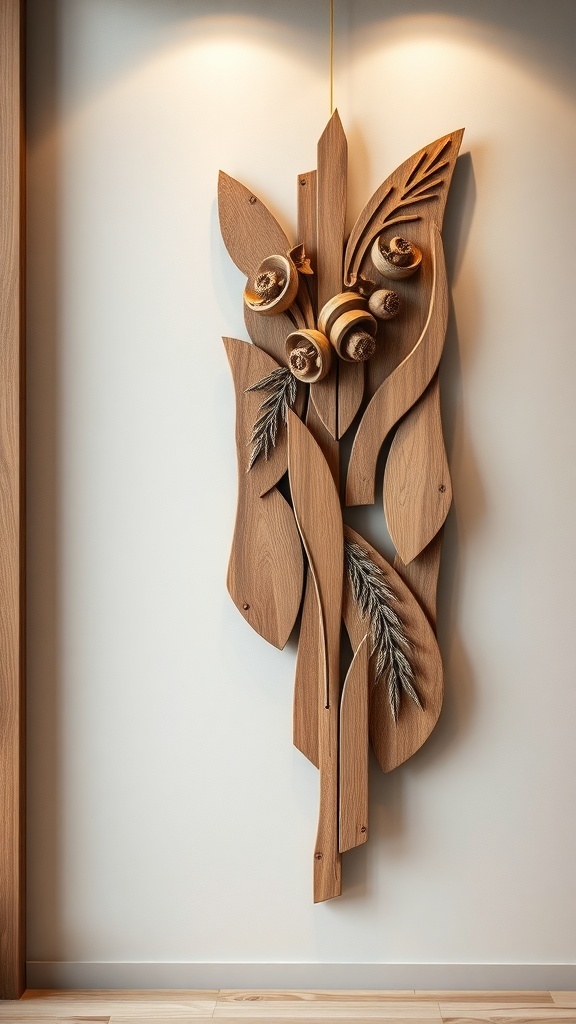 Stylized wooden wall art featuring leaf shapes and circular forms
