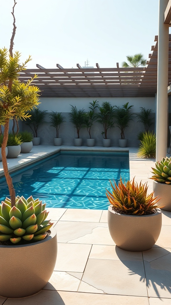 A modern poolside area featuring succulent planters and a clear blue pool.