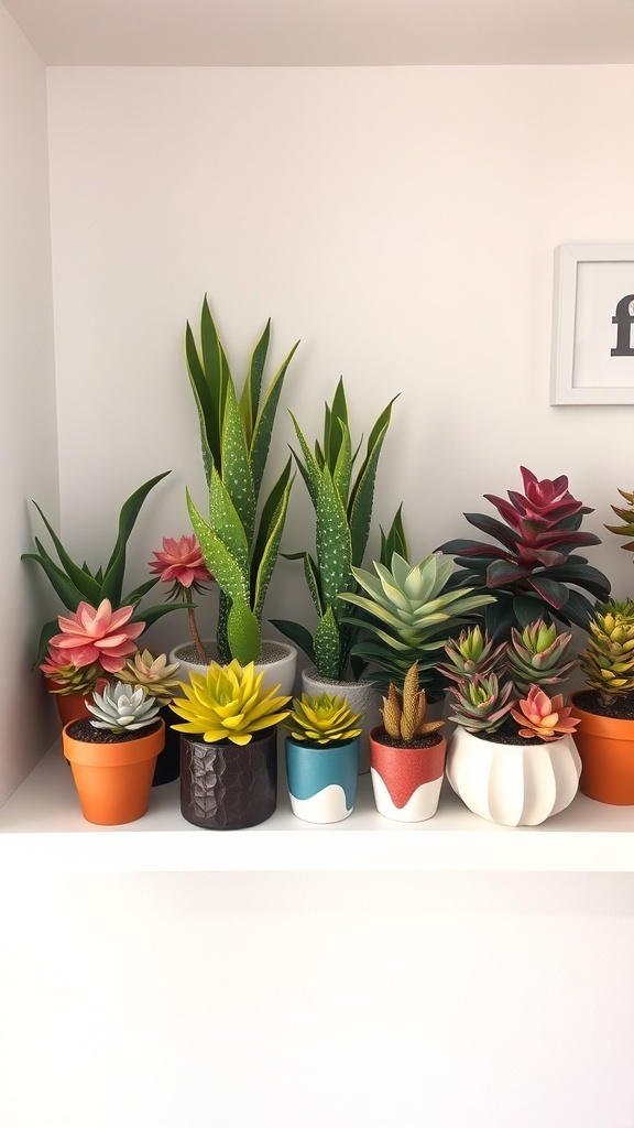 A shelf filled with various succulents in colorful pots, showcasing a vibrant plant display.