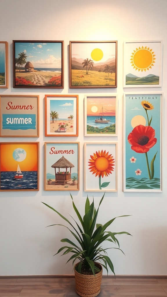 A wall adorned with summer-themed artwork, featuring bright colors and cheerful designs.