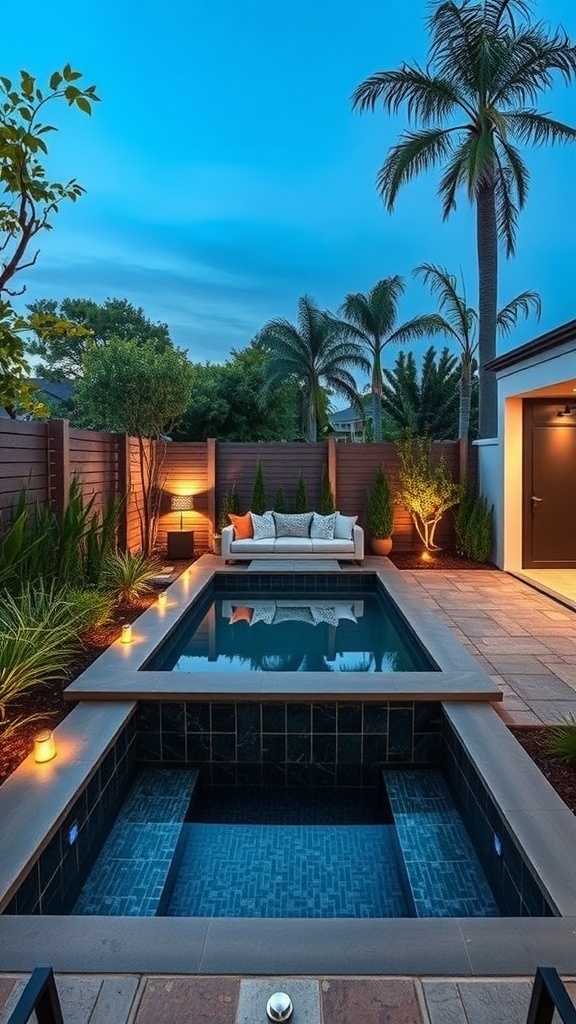 A sunken pool surrounded by plants and a cozy seating area in a backyard.