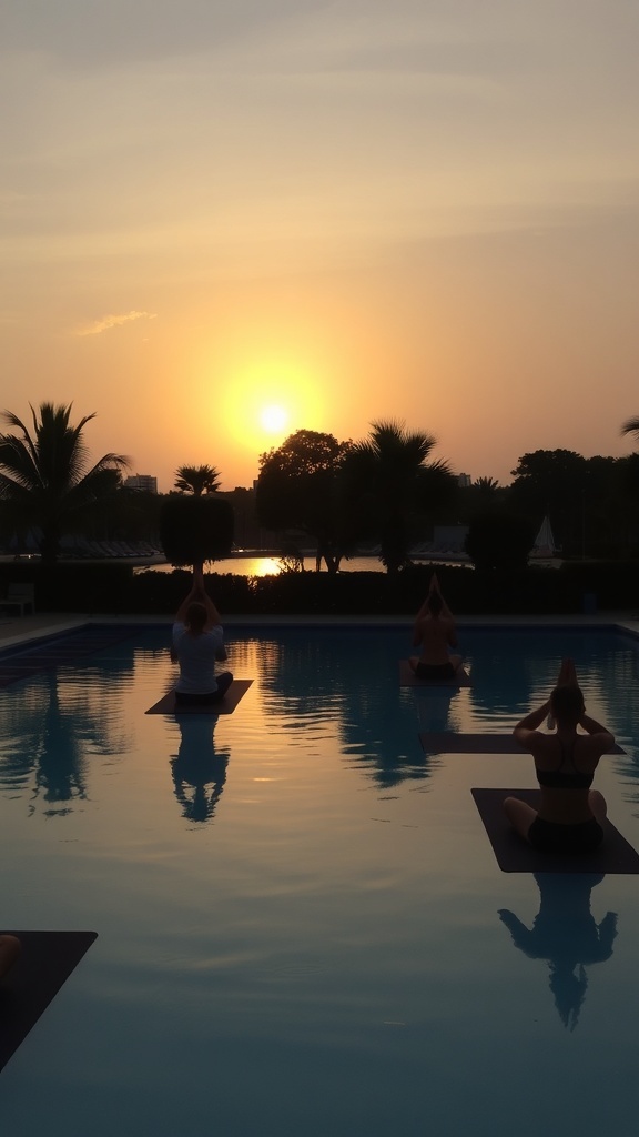People practicing yoga by the pool during sunset