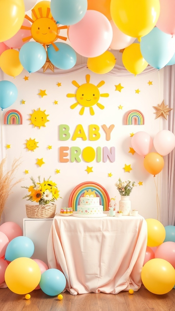 A bright and cheerful baby shower setup featuring balloons, sun decorations, and a rainbow cake.