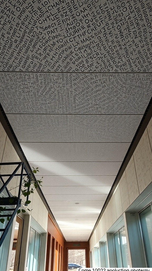A passage with a unique ceiling design featuring textured patterns.