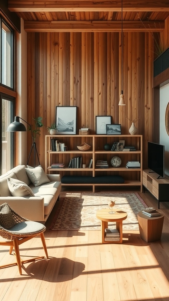A cozy living room with wooden walls, a light sofa, and a coffee table, showcasing sustainable furniture.