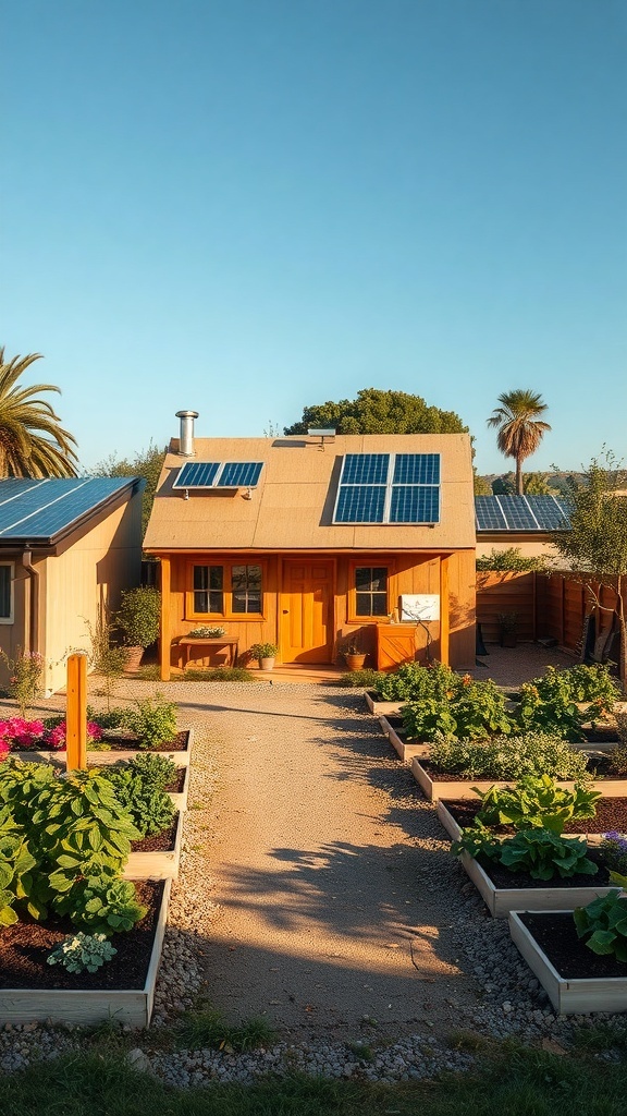 A cozy cardboard house with solar panels surrounded by a garden.