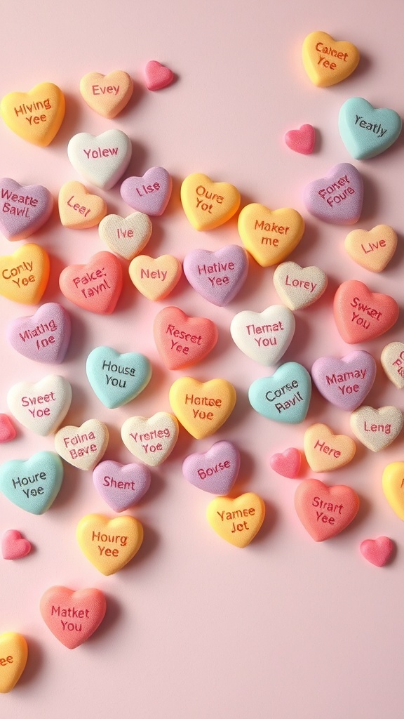 Colorful candy hearts with sweet messages on a pink background.