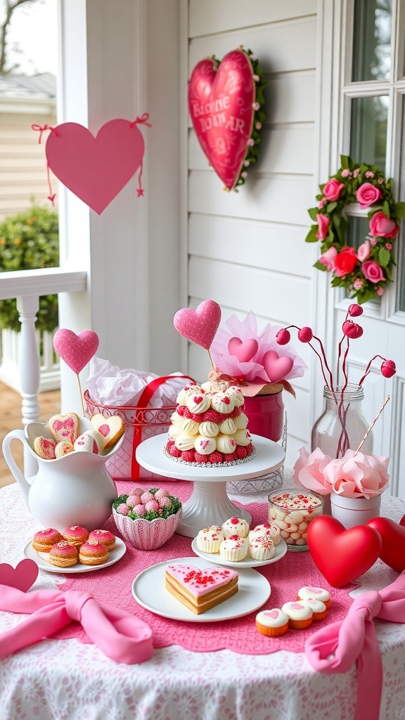 A beautifully arranged Valentine's Day treats display featuring heart-shaped cookies, cupcakes, and pink decorations.