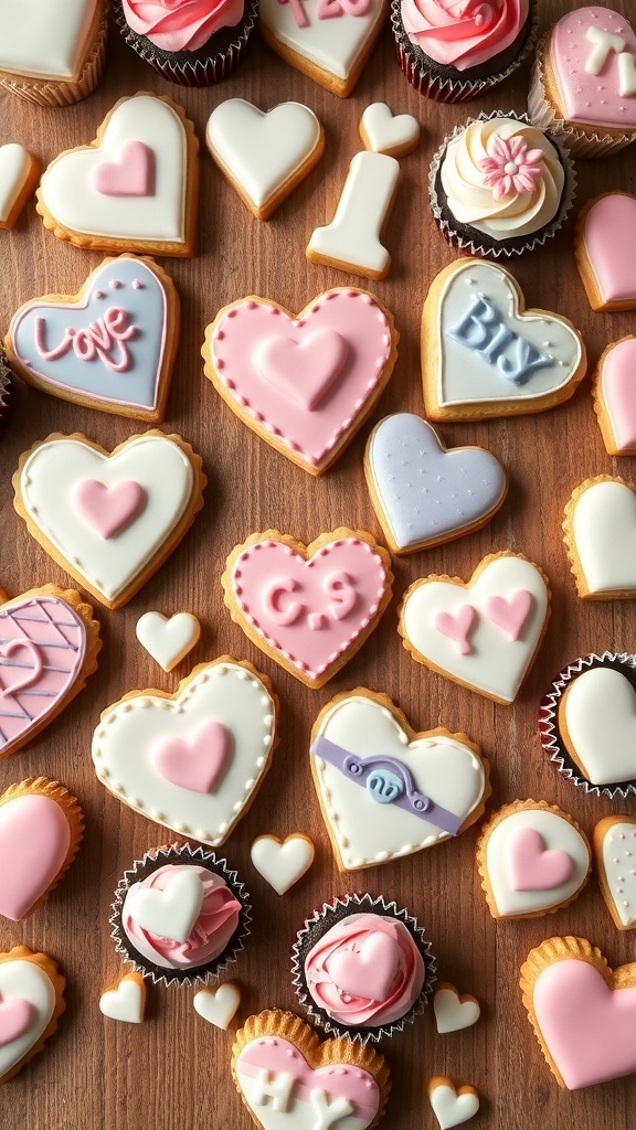 A variety of heart-shaped cookies and cupcakes decorated for Valentine's Day.