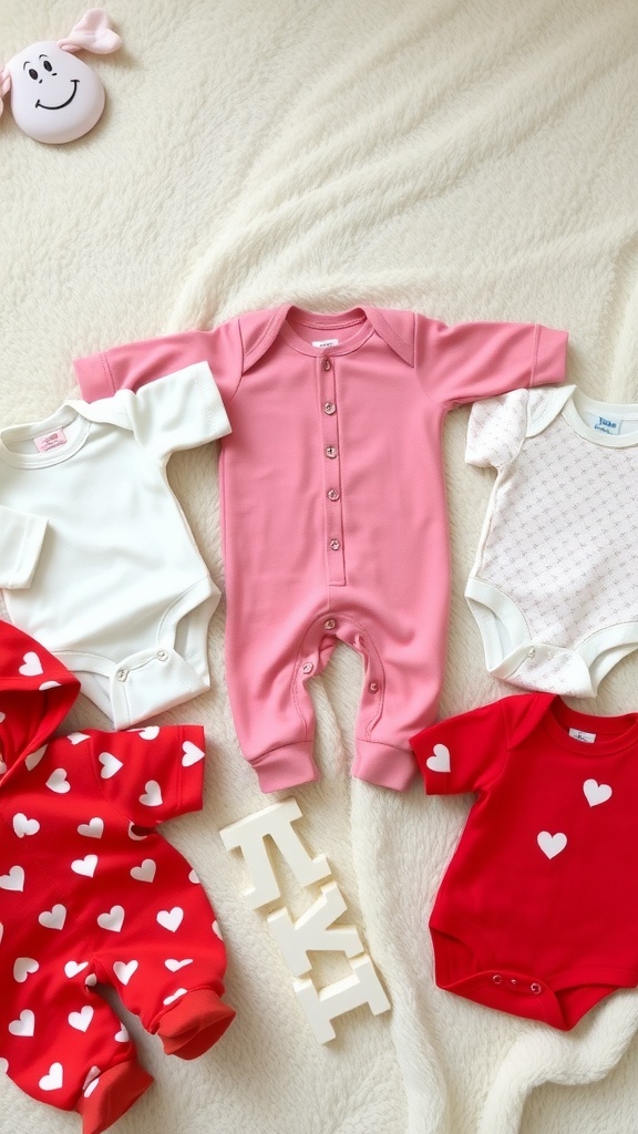 Valentine-themed baby outfits in red, pink, and white with heart patterns
