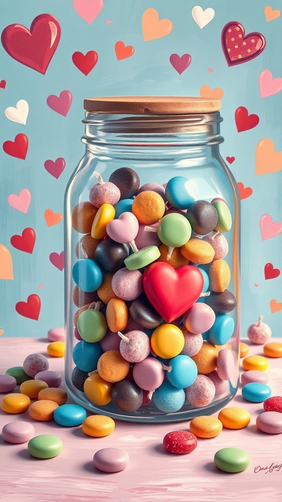 A jar filled with colorful candies, including a large red heart-shaped candy, with hearts in the background.