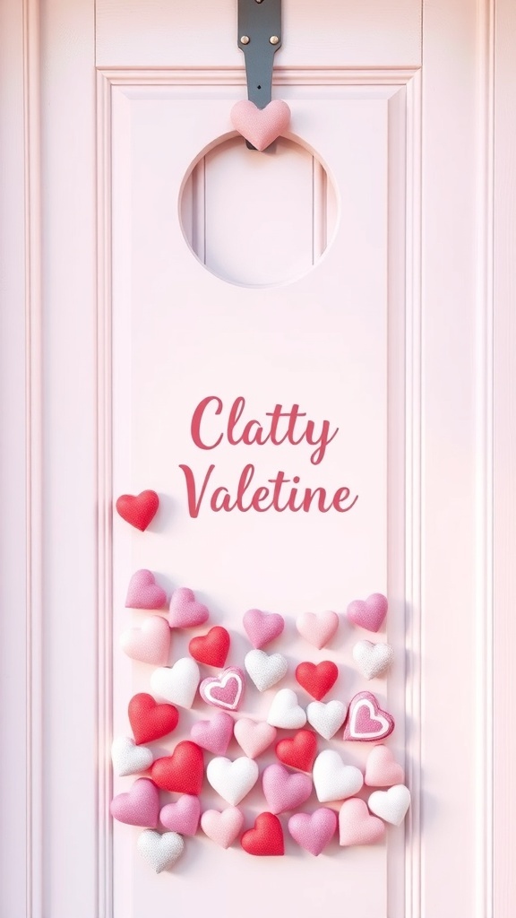 A Valentine's door hanger featuring a pink background with various heart shapes in red, pink, and white, and the text 'Clatty Valentine'.