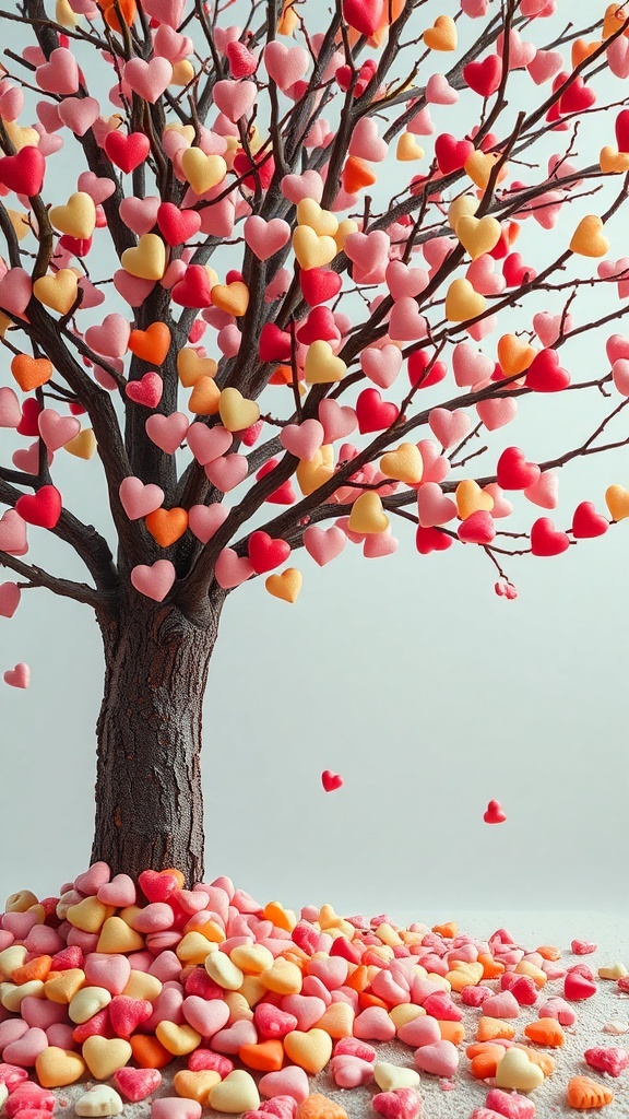 A decorative tree made of branches and colorful heart-shaped candies, with a pile of candies at the base.
