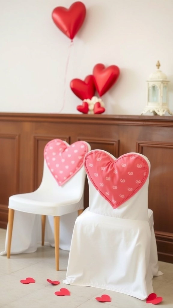 Two chairs with heart-shaped covers, red balloons, and heart cutouts on the floor