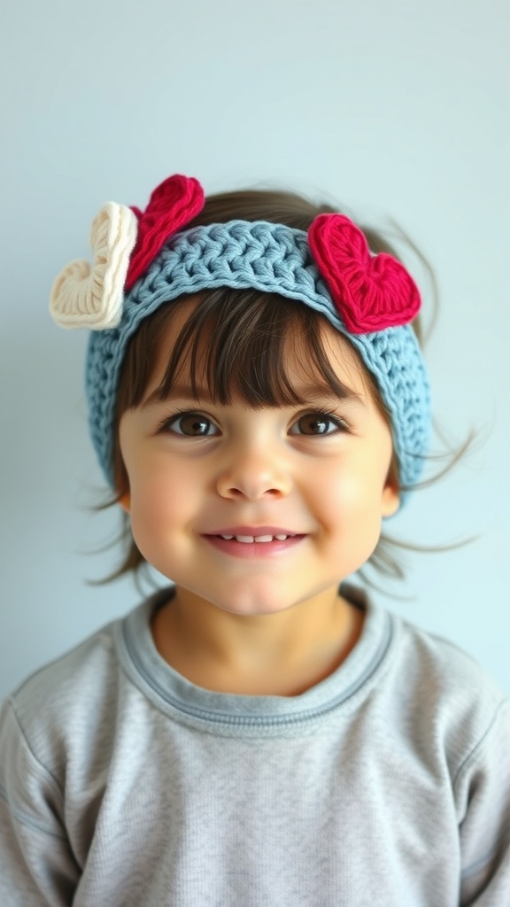 A young child smiling while wearing a blue crochet headband with red and cream heart decorations.