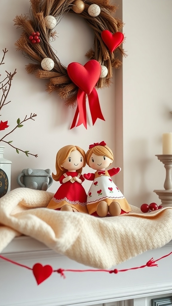 Two sweetheart figurines on a mantle with a heart-themed wreath in the background.