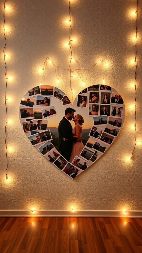 A heart-shaped photo collage with string lights, showcasing romantic moments.
