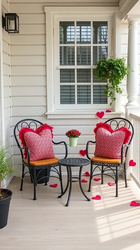A cozy front porch with heart-shaped pillows on chairs, a small table, and heart decorations.