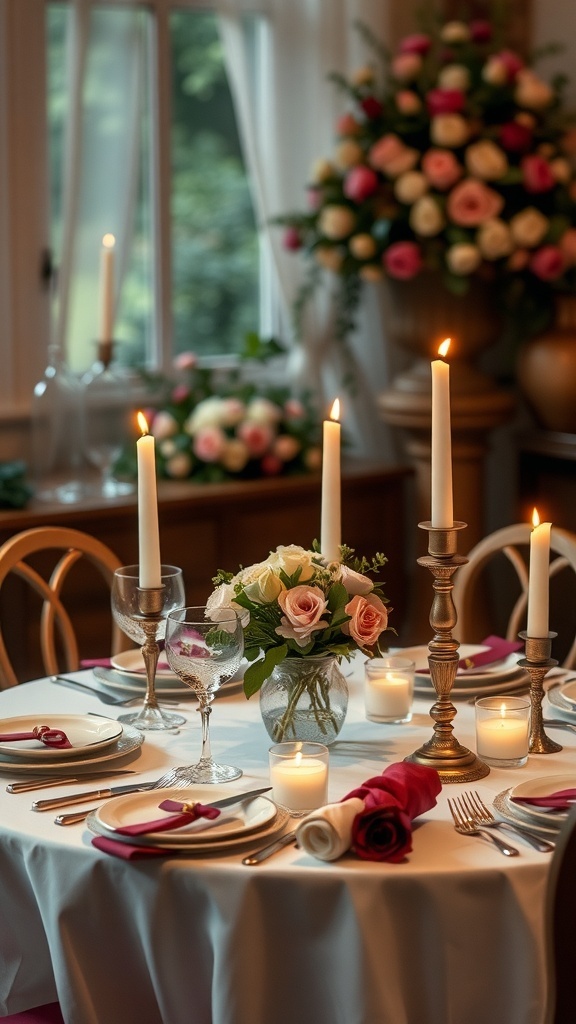 A beautifully arranged sweetheart table for Valentine's Day with candles, flowers, and elegant tableware.