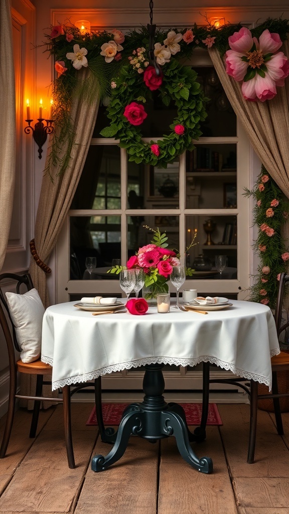 A beautifully decorated sweetheart table with flowers and candles.