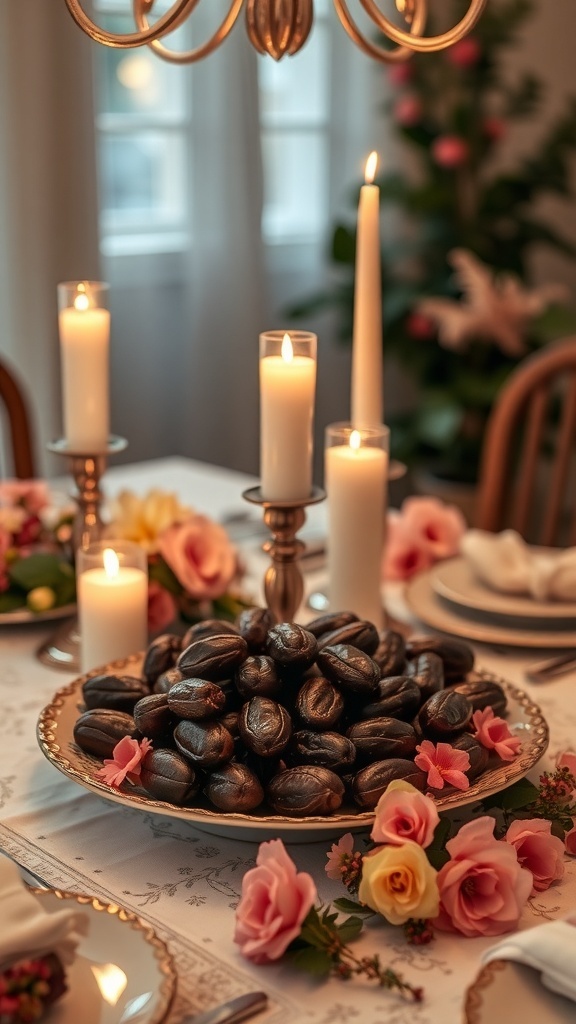 A beautifully arranged table centerpiece with a platter of dates, candles, and pink roses.